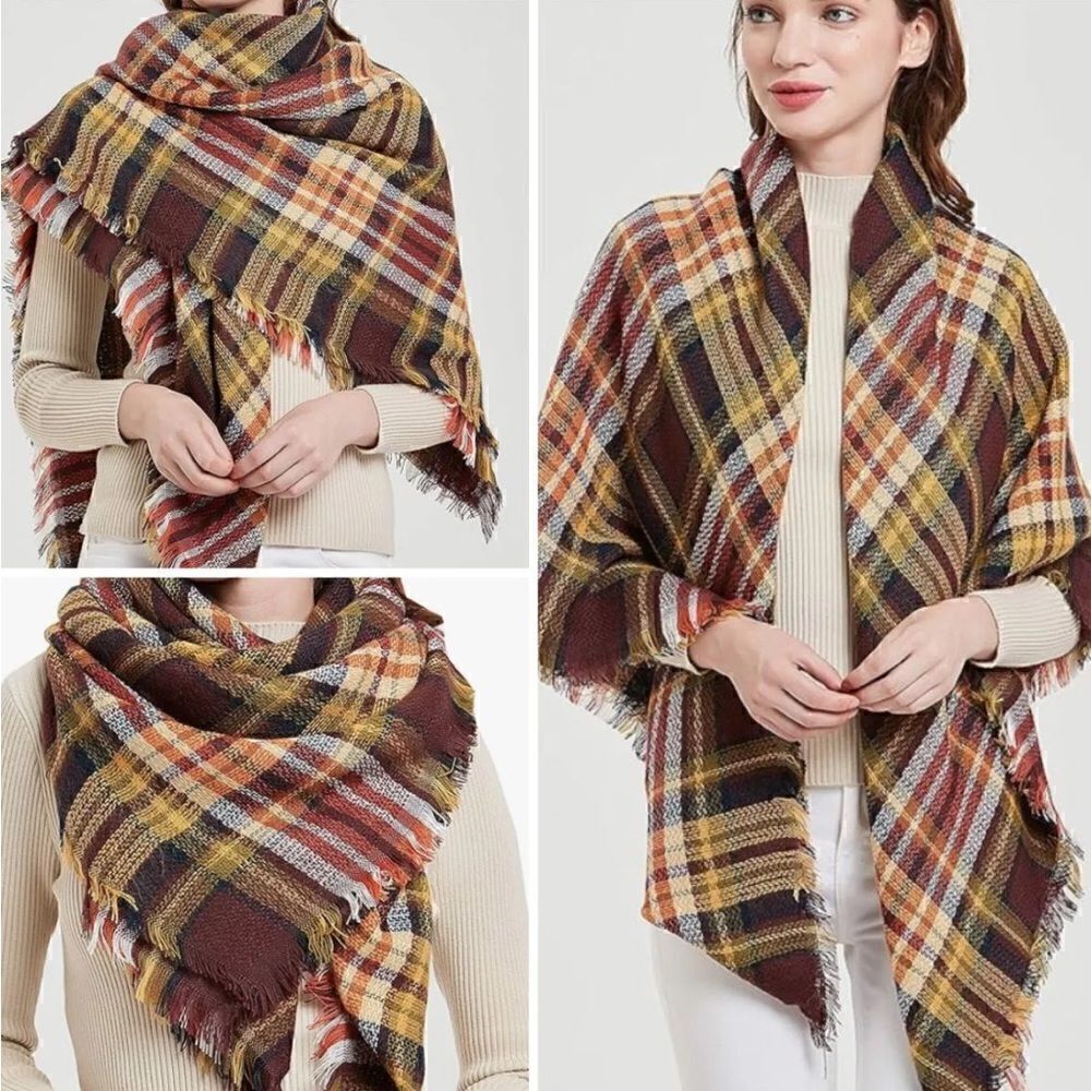 New! Wander Agio Brown/Gold Green Plaid Triangle Scarf/Shawl/Wrap One Size
